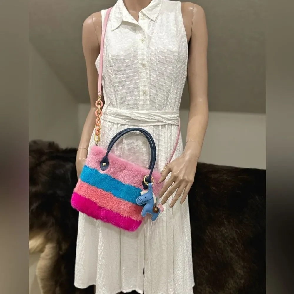 Colorful Striped Handmade Real Mink Fur Mini Tote/Crossbody & Pony Bag Charm